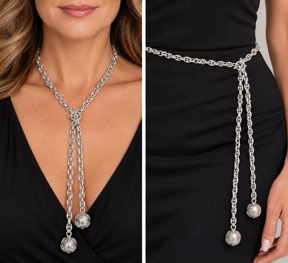 Vintage Sarah Coventry Silver tone Lariat Necklace Belt Textured Chain Link 44"